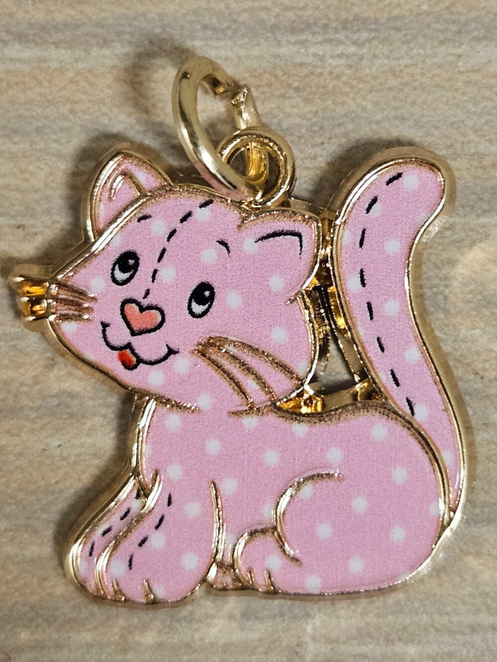 Strawberry Shortcake's pet cat Custard Enamel Pink Gold Tone Charm Pendant